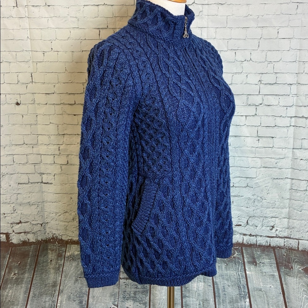 Aran Crafts‎ Ireland Blue Cable Knit Merino Wool Zip Cardigan Sweater S Cottage - Picture 11 of 16